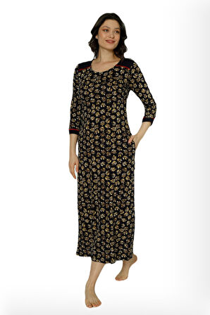 Kadın Siyah Desenli Truvakar Kollu Pamuklu Cepli Elbise
