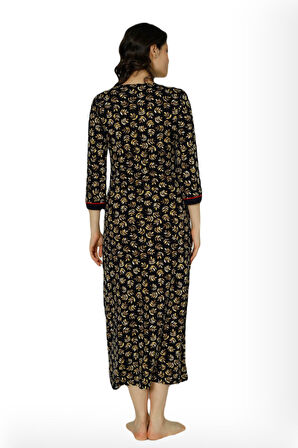 Kadın Siyah Desenli Truvakar Kollu Pamuklu Cepli Elbise