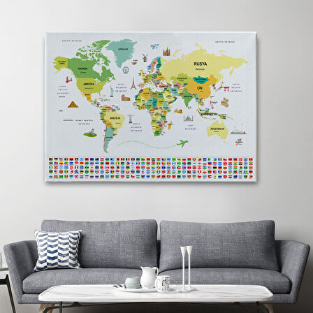 Harita Sepeti Türkçe Dünya Haritası Ülke Bayrak ve Başkentli Kanvas Tablo 1914