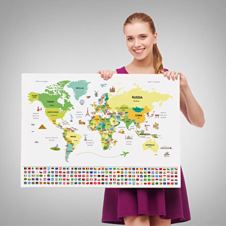 Harita Sepeti Dünya Haritası Ülke Bayraklı ve Başkentli Kanvas Tablo 1915