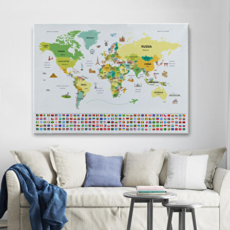 Harita Sepeti Dünya Haritası Ülke Bayraklı ve Başkentli Kanvas Tablo 1915