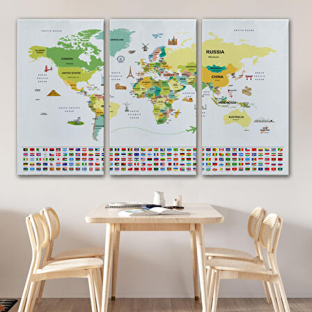 Harita Sepeti Dünya Haritası Ülke Bayraklı ve Başkentli Kanvas Tablo 1915