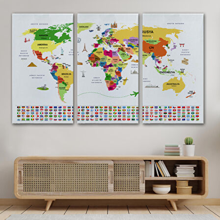 Harita Sepeti Türkçe Dünya Haritası Ülke Bayrak ve Başkentli Kanvas Tablo 1918