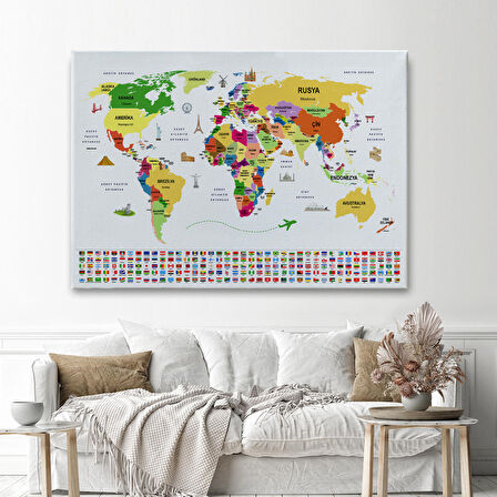 Harita Sepeti Türkçe Dünya Haritası Ülke Bayrak ve Başkentli Kanvas Tablo 1918