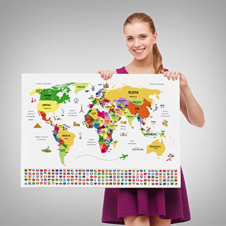 Harita Sepeti Türkçe Dünya Haritası Ülke Bayrak ve Başkentli Kanvas Tablo 1918