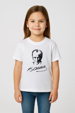 Çocuk Tişört Atatürk Ve Türk Bayrağı Baskılı Kırmızı Beyaz Kısa & Uzun Kollu