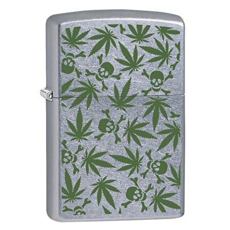 Zippo Street Chrome With Weed Leaves and Skulls Design Çakmak - 49007-00071-MODEL02