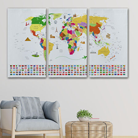 Harita Sepeti Dünya Haritası Ülke Bayraklı ve Başkentli Kanvas Tablo 1919