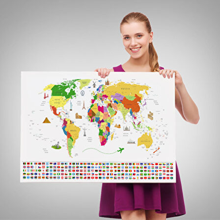 Harita Sepeti Dünya Haritası Ülke Bayraklı ve Başkentli Kanvas Tablo 1919