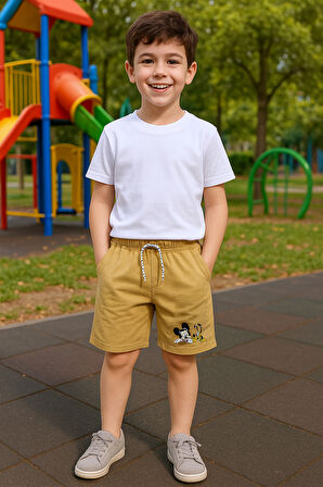 ERKEK ÇOCUK ŞORT CEPLİ DÜZ RENK BASKILI RAHAT KALIP E34