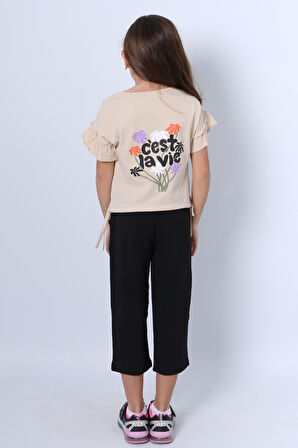 KIZ ÇOCUK İKİLİ TAKIM SIRT BASKILI PÜSKÜLLÜ KOLLARI FIFIRLI F20