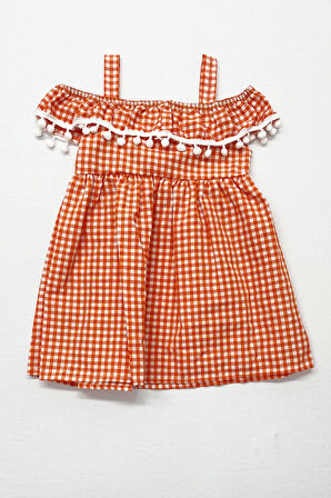 KIZ ÇOCUK ASKILI ELBİSE DANTELLİ EKOSE DESENLİ B14