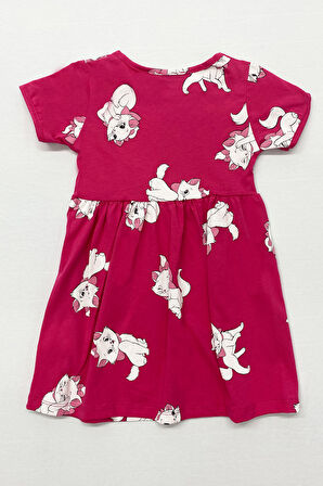 KIZ ÇOCUK ELBİSE FIRFIRLI KEDİCİK BASKILI B36