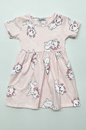 KIZ ÇOCUK ELBİSE FIRFIRLI KEDİCİK BASKILI B36