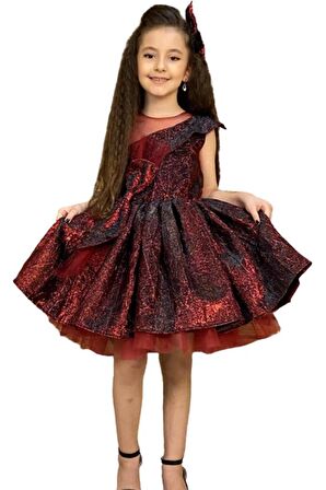 Kız Çocuk Mix Color Tül Detaylı Belden Bağlamalı Bordo Abiye