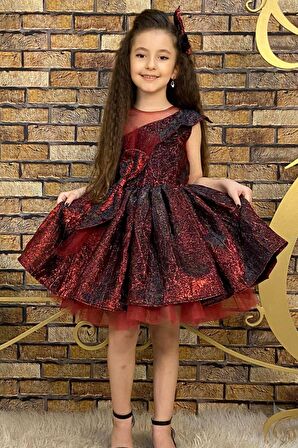 Kız Çocuk Mix Color Tül Detaylı Belden Bağlamalı Bordo Abiye