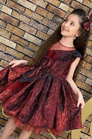 Kız Çocuk Mix Color Tül Detaylı Belden Bağlamalı Bordo Abiye
