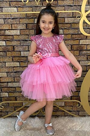 Kız Çocuk Üstü Pulpayet İşlemeli Katkat Pembe Abiye