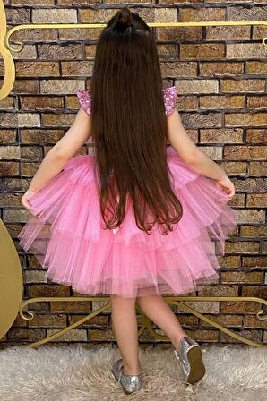 Kız Çocuk Üstü Pulpayet İşlemeli Katkat Pembe Abiye