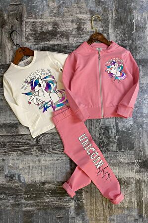 Riccotarz Kız Çocuk Unicorn Baskılı 3lü Pembe Taytlı Takım