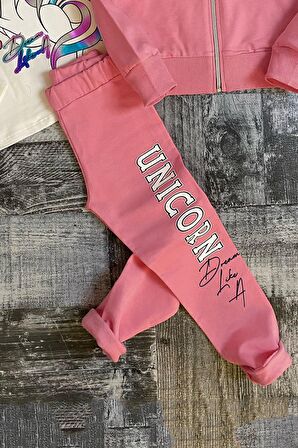 Riccotarz Kız Çocuk Unicorn Baskılı 3lü Pembe Taytlı Takım