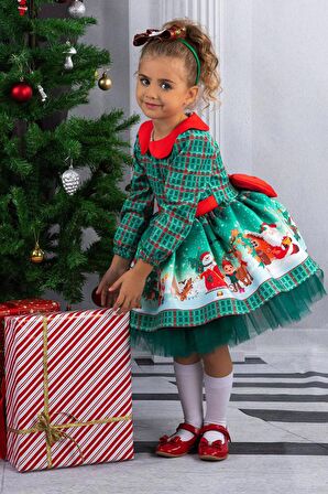 Kız Çocuk Bebe Yakalı Kare Desenli Noel Baskılı Taçlı Yeşil Elbise 2-8Yaş
