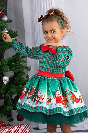 Kız Çocuk Bebe Yakalı Kare Desenli Noel Baskılı Taçlı Yeşil Elbise 2-8Yaş
