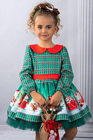 Kız Çocuk Bebe Yakalı Kare Desenli Noel Baskılı Taçlı Yeşil Elbise 2-8Yaş