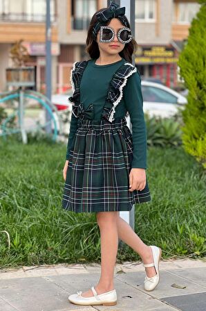Kız Çocuk Ekose Desenli Dantel Detaylı Önü Fiyonklu Yeşil Etekli Takım