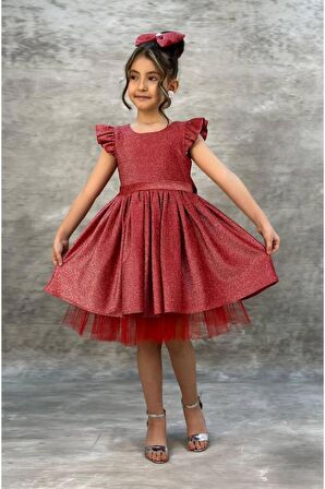 Kız Çocuk Ceket Yakasında Fiyonk Detaylı Uzun Kollu Pileli Kırmızı Elbise