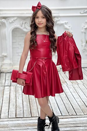 Kız Çocuk Zincir Detaylı Çeket Beli Manşetli Etek ve Croplu Kırmızı Etekli Takım