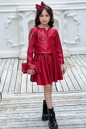 Kız Çocuk Zincir Detaylı Çeket Beli Manşetli Etek ve Croplu Kırmızı Etekli Takım