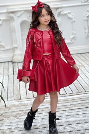 Kız Çocuk Zincir Detaylı Çeket Beli Manşetli Etek ve Croplu Kırmızı Etekli Takım