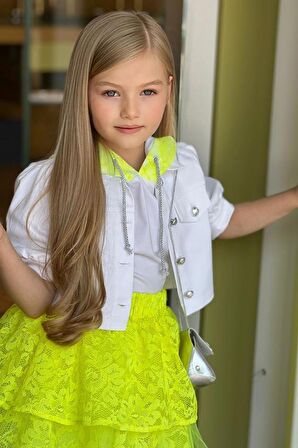 Kız Çocuk Güpür İşlemeli Kapüşonlu Kat Kat Tüllü Neon Sarı Etekli Takım