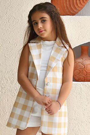 Kız Çocuk Halter Yaka Ekose Baskılı Düğme Detaylı Hardal Şortlu Takım