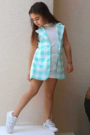 Kız Çocuk Halter Yaka Ekose Baskılı Düğme Detaylı Su Yeşili Şortlu Takım