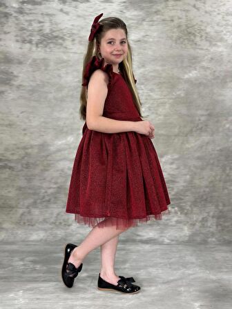 Kız Çocuk Omzu Fırfırlı Parıldayan Bordo Elbise