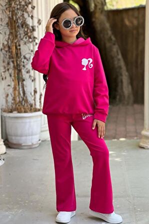 Kız Çocuk Barbie Baskılı Kapüşonlu Sweatshirt İspanyol Paçalı Pembe Eşofman Takım