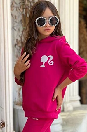 Kız Çocuk Barbie Baskılı Kapüşonlu Sweatshirt İspanyol Paçalı Pembe Eşofman Takım