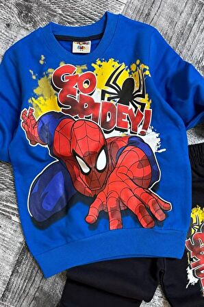 Erkek Çocuk Spiderman ve Go Spıdey Yazı Baskılı Şardonlu Mavi Eşofman Takım