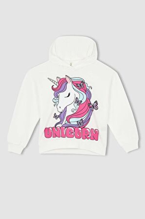 Kız Çocuk Unicorn Baskılı Kapüşonlu Sweatshirt ve Fitilli Pembe Taytlı Takım