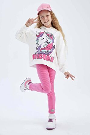 Kız Çocuk Unicorn Baskılı Kapüşonlu Sweatshirt ve Fitilli Pembe Taytlı Takım