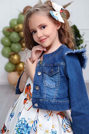 Kız Çocuk Omzu İnci Boncuk Detaylı Denim Ceket ve Desenli Beyaz Elbise