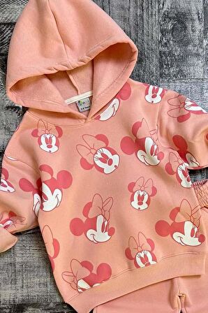 Kız Çocuk Minnie Desen Baskılı Kapüşonlu Pudra Eşofman Takım