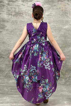 Kız Çocuk Çiçek Desenli Tül Detaylı Kuyruklu Saten Mor Elbise