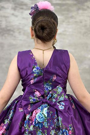 Kız Çocuk Çiçek Desenli Tül Detaylı Kuyruklu Saten Mor Elbise