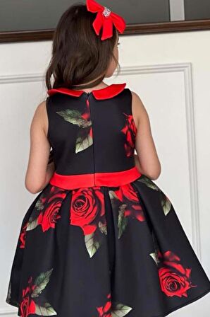 Kız Çocuk Bebe Yaka Gül Baskılı Siyah Elbise