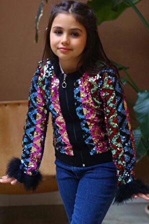 Kız Çocuk Pulpayet ve Kol Uçları Tüy Detaylı Ceket, Denim Pantolonlu, Siyah Alt Üst Takım