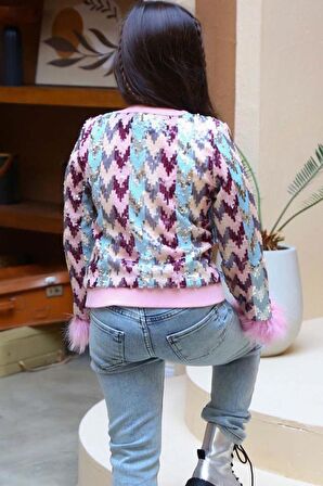 Kız Çocuk Pulpayet ve Kol Uçları Tüy Detaylı Ceket, Denim Pantolonlu, Pembe Alt Üst Takım