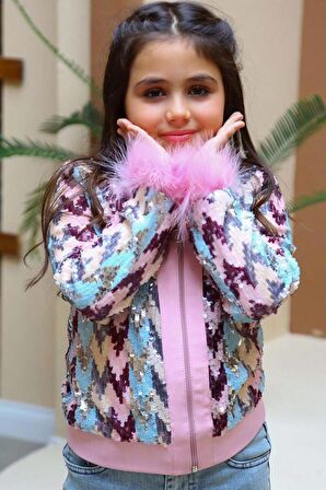 Kız Çocuk Pulpayet ve Kol Uçları Tüy Detaylı Ceket, Denim Pantolonlu, Pembe Alt Üst Takım
